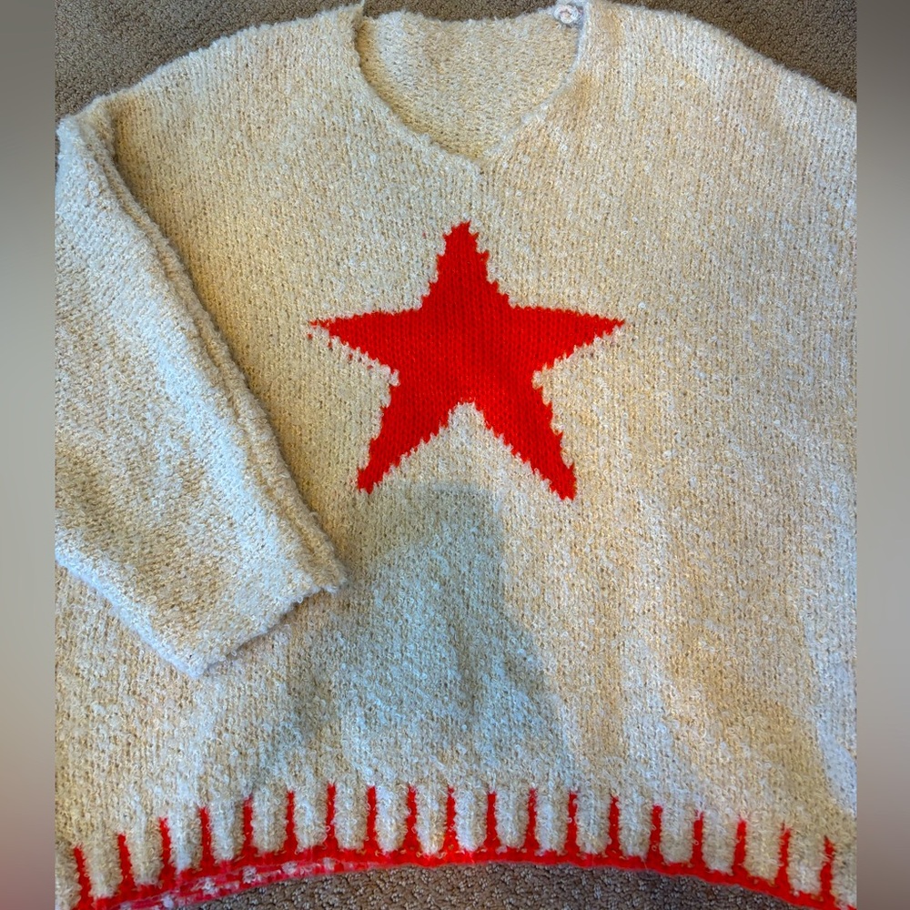 Oversized Cream Sweater with Orange Star ⭐️ and Orange Stitching NWOT